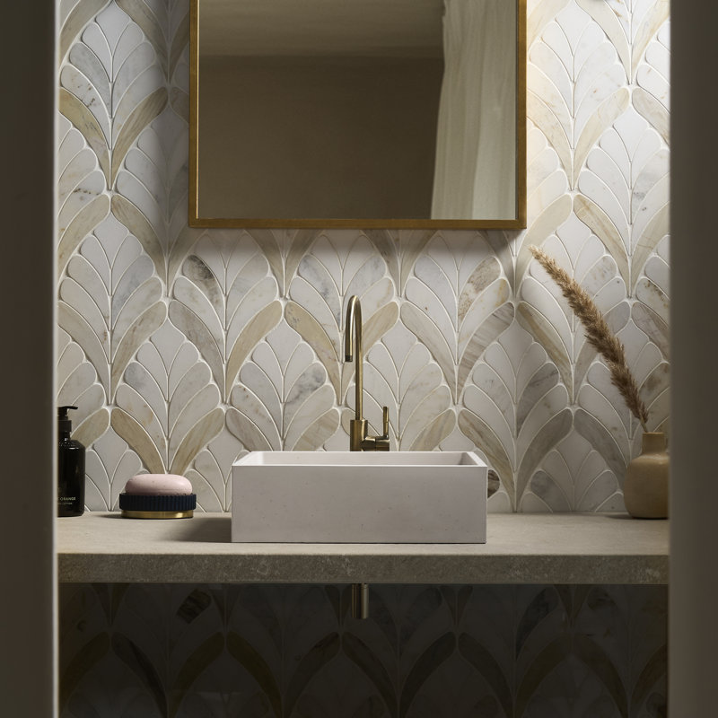 Rosea Floral 14.09 In. X 15.15 In. Polished Marble Mosaic Floor And Wall Tile (7.4 Sq. Ft. / Each), Bianco White