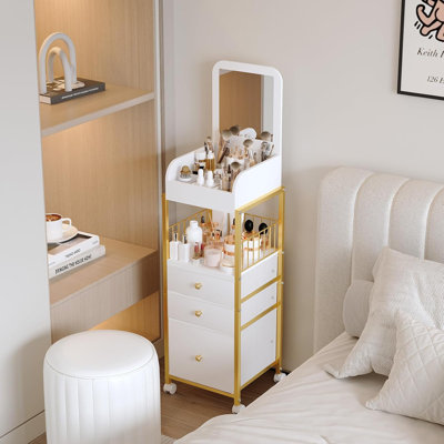 Organisateur de maquillage avec miroir et roues, grand chariot de rangement de meuble-lavabo pour cosmétiques, soins de la peau, vernis à ongles, outils pour les cheveux et bijoux