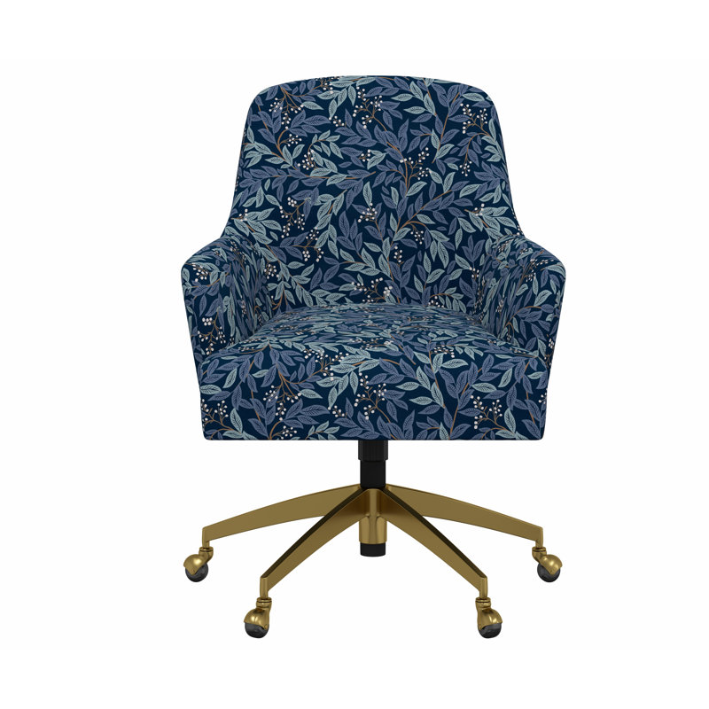 Chaise de bureau avec base Yvette, Lin bleu marine RPC Willowberry, Or brossé