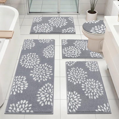 Floral Bathroom Rugs Set 5 Piece, Non Slip Washable Bath Mat Set For Bathroom, Absorbent Microfiber Bath Carpet With U-Shaped Contour Rug For Tub, Shower, Light Grey