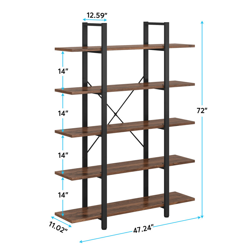 Industrial 5-Tier Bookcase, Metal Frame Open Shelf with X-Back Design, 71" Tall Storage Shelves for Living Room, Home Office, Rustic Brown & Black