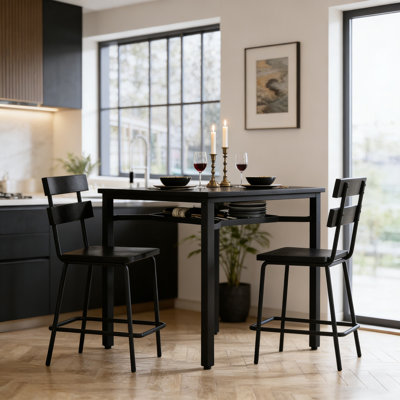Ensemble de table de salle à manger 3 pièces de style moderne, ensemble de salle à manger peu encombrant pour la cuisine, la salle à manger, le petit espace, un petit ensemble de 3 tables de bar avec plateau en panneau de particules, structure en métal et support de rangement intégré