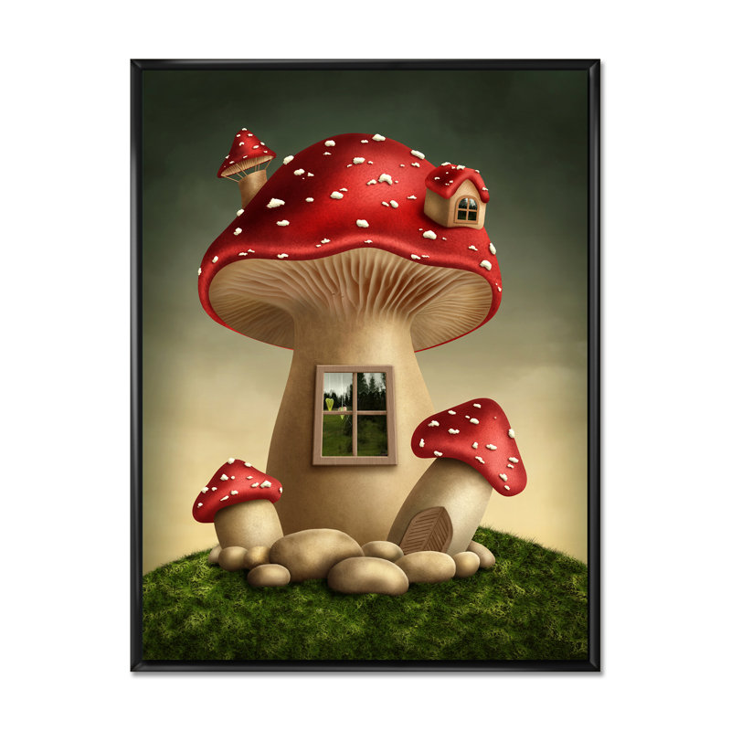 Fantasy Mushroom House - Peinture sur toile, Toile à cadre flottant noir, H 44 po x l 34 po