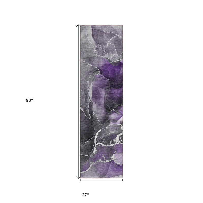 8' Runner Gray and Purple Abstract Washable Non Skid Indoor Outdoor Runner Rug