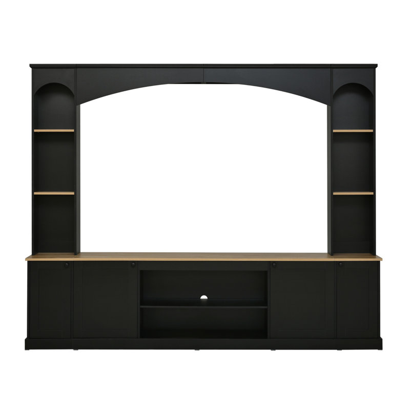 Ensemble de console de télévision arquée avec bibliothèque, meuble télé à grain de bois rustique, pour téléviseur de 70 po et moins, console multimédia de 91 po, noir