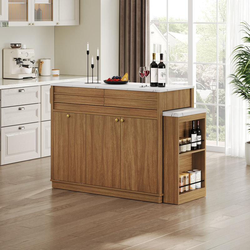 Îlot de cuisine avec table à manger extensible, dessus en faux marbre et prises électriques, Oak
