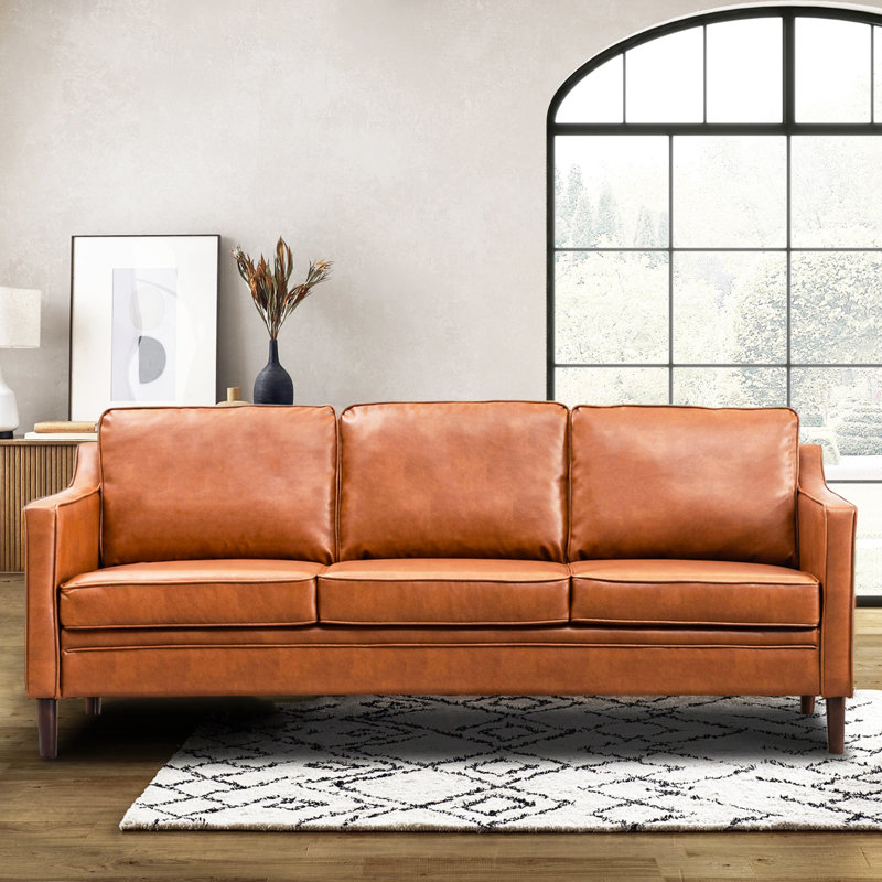  Jannae 80" Vegan Faux Leather Upholstered Square Arm Sofa, Brown Faux Leather