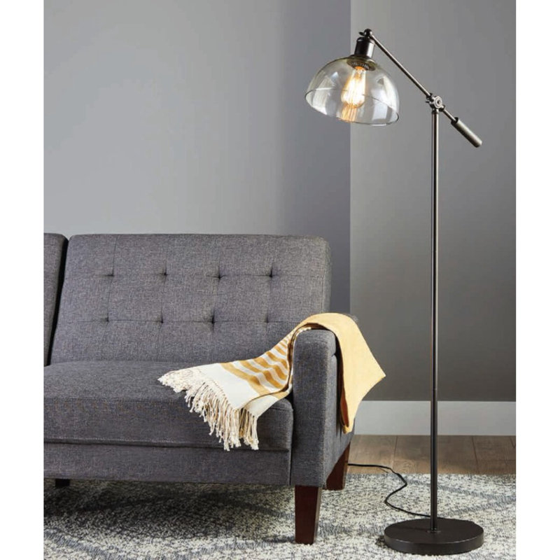 Lampe sur pied en bronze antique avec abat-jour en verre