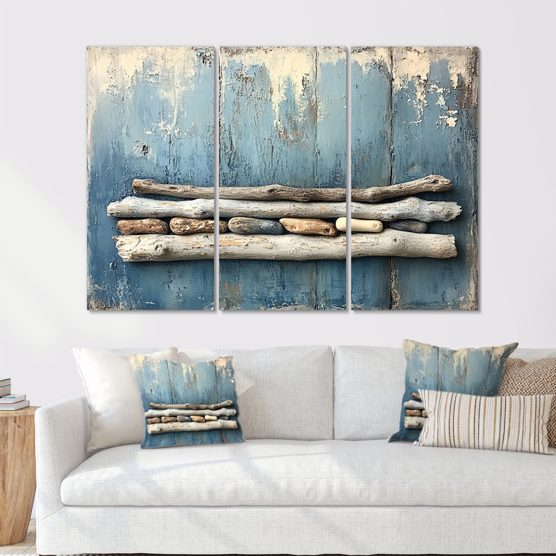 «Grey and Blue Coastal Driftwood Wishes F d'accompli» - ensemble d'impression d'art mural côtier, Métal métal
