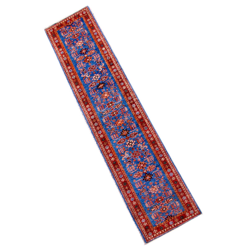 Chemin de table bleu clair et rouge noué à la main de haute qualité, Tapis de couloir 2 pi 10 po x 12 pi 11 po