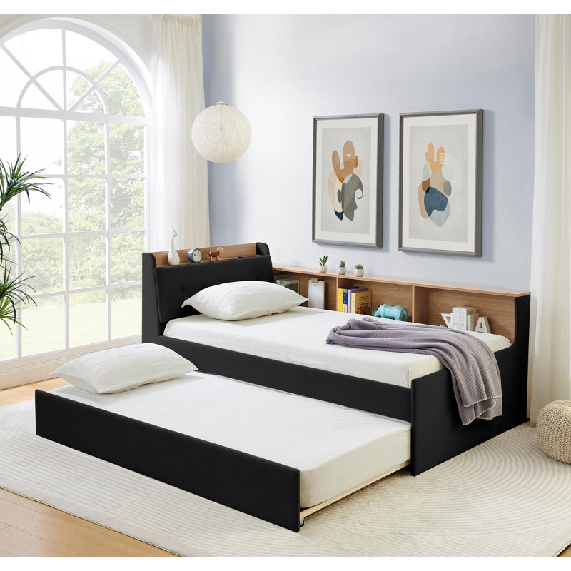 Lit de jour simple à hauteur ajustable en velours avec tête de lit à rangement et chargement sans fil, lit de jour multifonctionnel avec lit gigogne et lumières DEL, noir