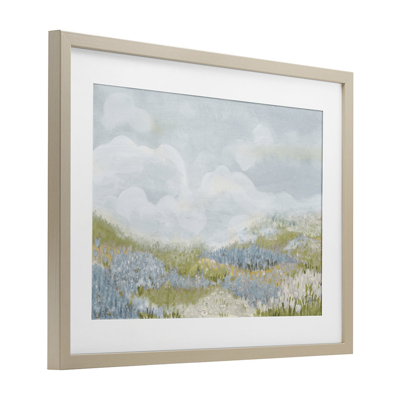 «Blue Floral Meadow», reproduction d'art sous verre encadrée par Patricia Pinto, H 17 po x l 23 po, Cadre de récolte en pin