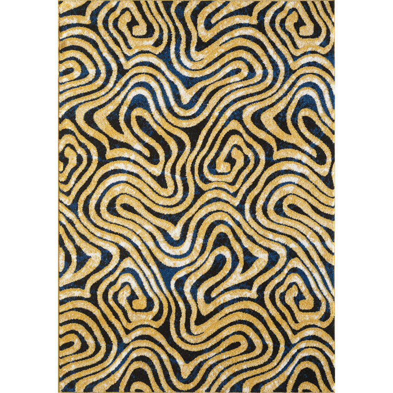 Jaune abstrait/Tapis décoratif noir, Rectangle 8 pi x 10 pi