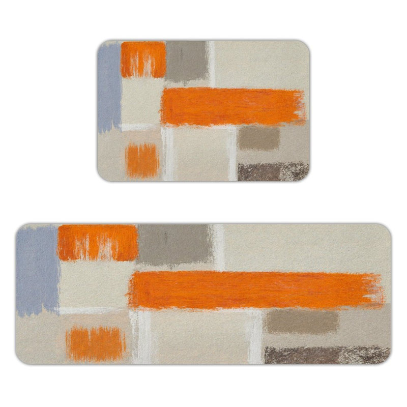 Ensemble de 2 tapis de cuisine chauds à motif géométrique chaleureux, Orange/Beige Abstract