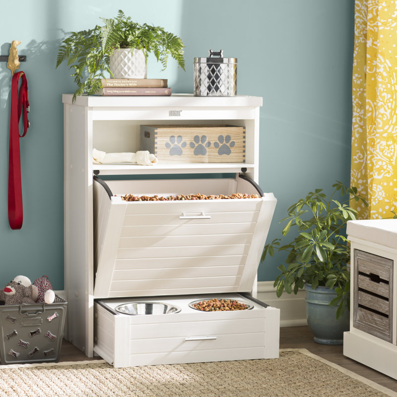 Station d'alimentation pour chien Ian ECOFLEX avec rangement intégré et bols doubles, Blanc antique