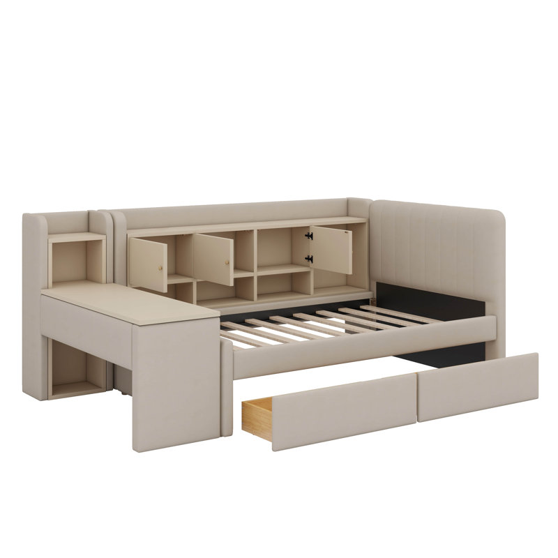 Lit de jour simple rembourré en tissu avec tiroirs, étagères, armoires ouvertes et table d'appoint, Beige