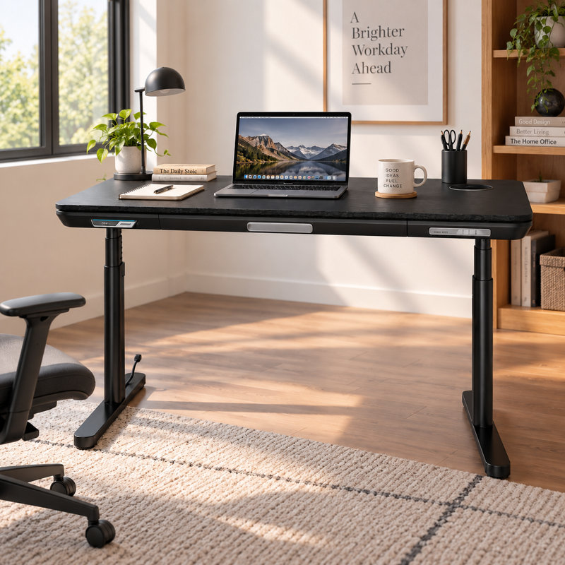 Bureau assis-debout réglable en hauteur (145 cm) avec chargeur de téléphone sans fil, ports USB 100 W, système anticollision, tiroir à éclairage DEL et contrôle par application, noir