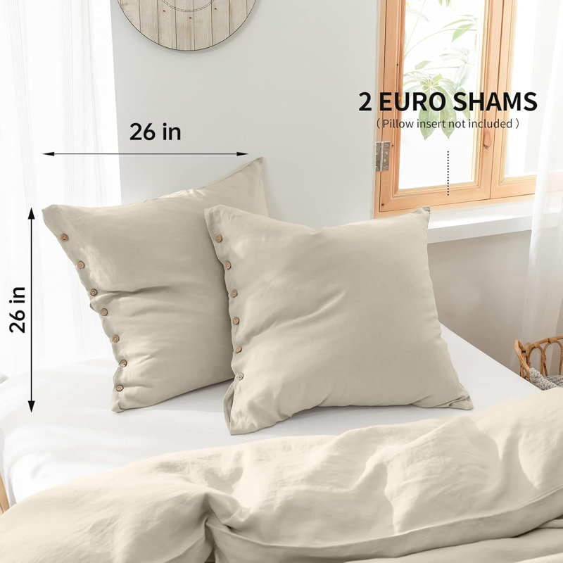 100% Washed Linen Euro Sham Cover, 26 X 26 Inch-Set Of 2, Linen