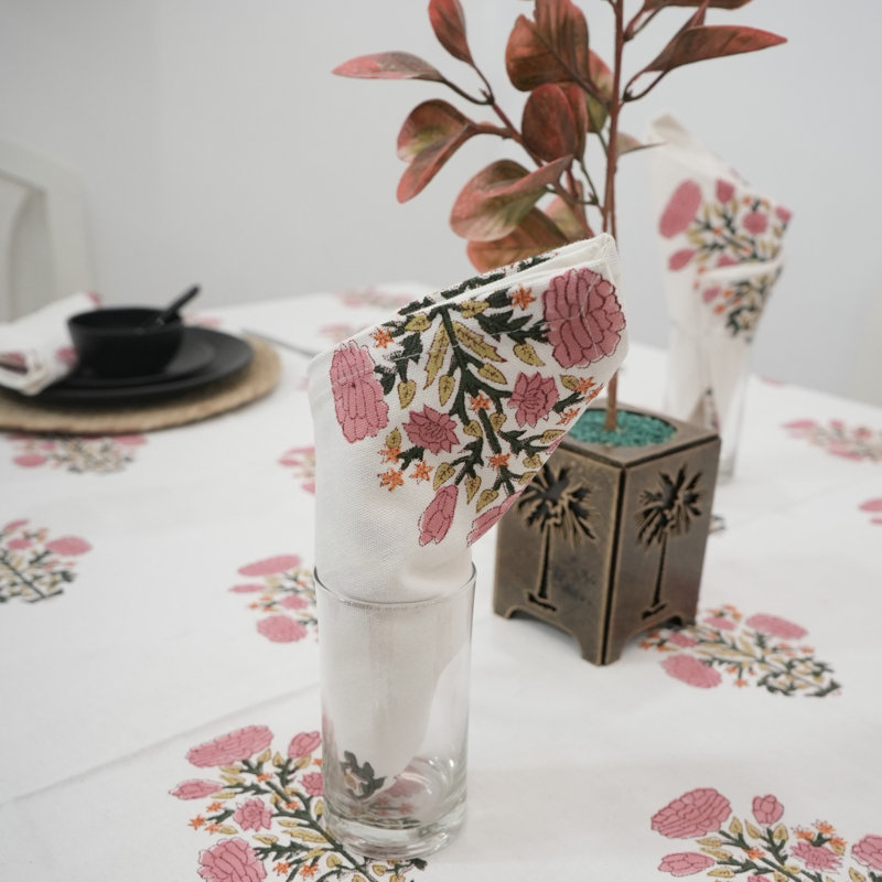 Fabdivine 18X18 inch Handmade Block Print Pink Floral Cotton Table Napkins, Swadesh {Set of 6}