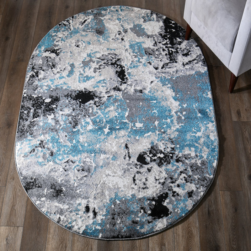 Towne Abstract Gray/Turquoise Area Rug, Oval 5'2" x 7'5"