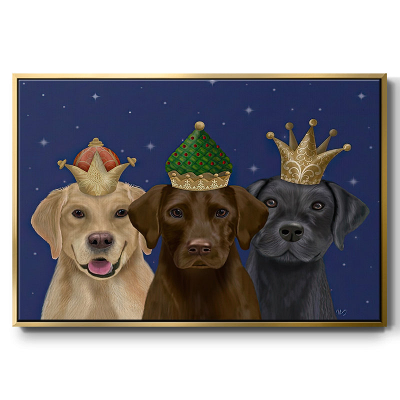 «Christmas Labradors, Three Kings», reproduction d'art sur toile, H 25 po x l 37 po x P 1,5 po, Cadre flottant doré