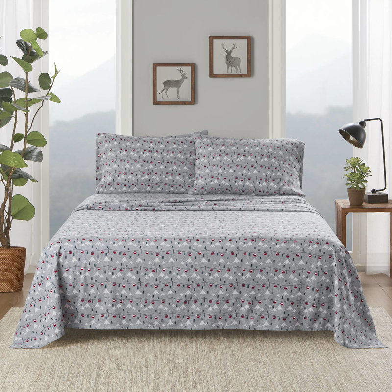 Drap-housse en flanelle 100% coton 4 pièces avec saut à ski gris, brossé pour une finition douce et lisse, matelas 12 po, grand lit 14 po de profondeur, 1 drap-housse plat, 2 taies d'oreiller,