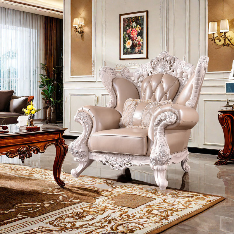 Double-sided Carved Solid Wood Sofa Chair Leather Armchair