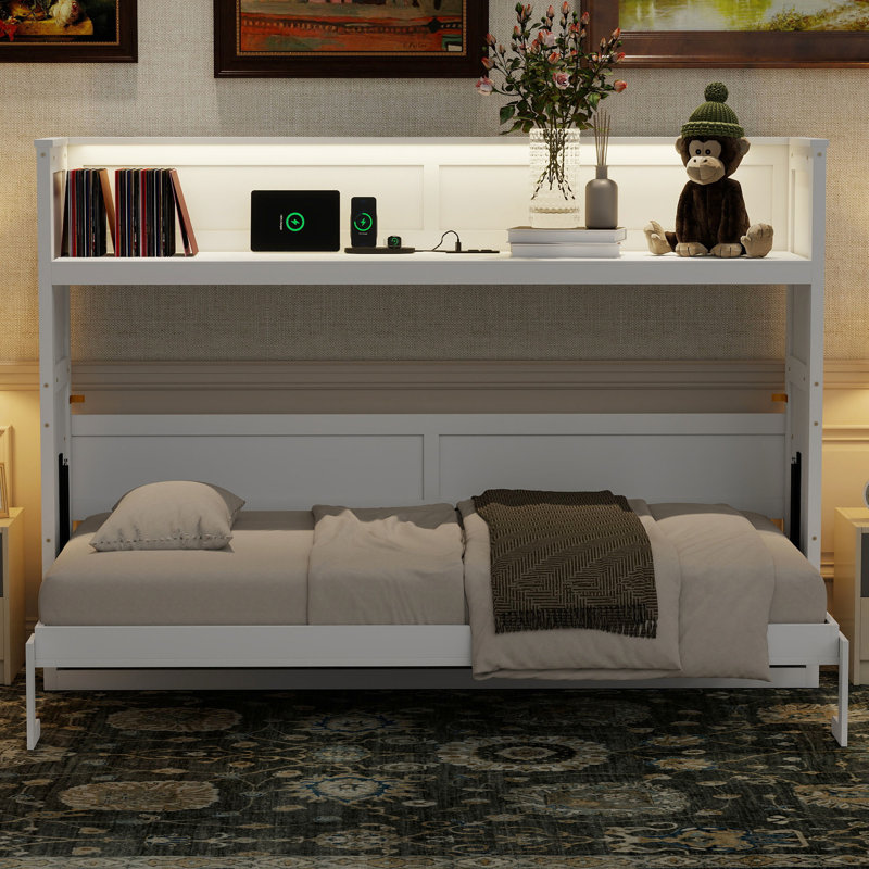 White Twin Xl Bed With Desk And Led , . Solid Wood Build For A Home Office Or Guest Room Desk, & Charging Station. Frame Functional