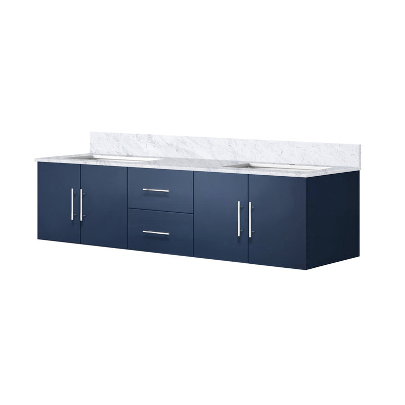 Meuble-lavabo double bleu marine 72 po X 22 - comptoir en marbre, structure en bois massif, fermeture en douceur, égratignure et teinture, 2 compartiments, tablette d'armoire à tiroirs pour un grand rangement, installation de 1 robinet pré-percé