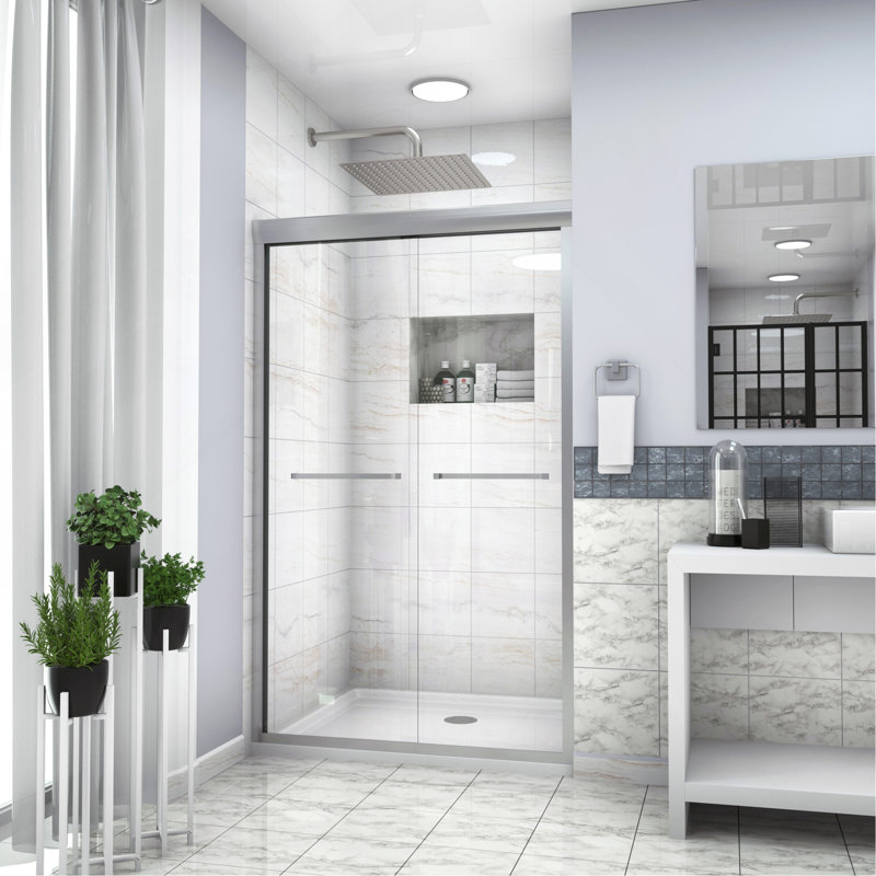 Shower Door 48"W x 76"H Semi-Frameless Bypass Sliding Shower Enclosure, 5/16" (8mm), Brushed Silver, Silver