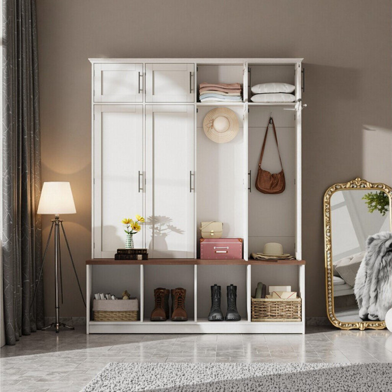 Elegant Farmhouse Hall Tree with Walnut Bench – Ultimate Storage and Style for Your Home Entryway, White