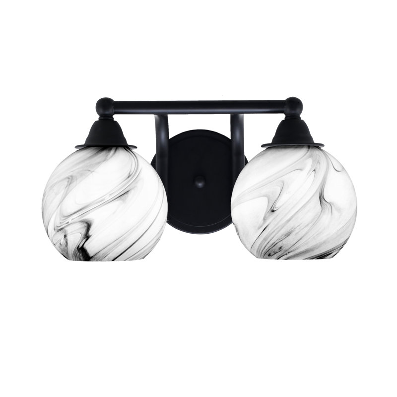 Barre d'éclairage de salle de bain 2 lumières Solvey avec fini noir mat et verre de 5,75 po, Blanc / Gris