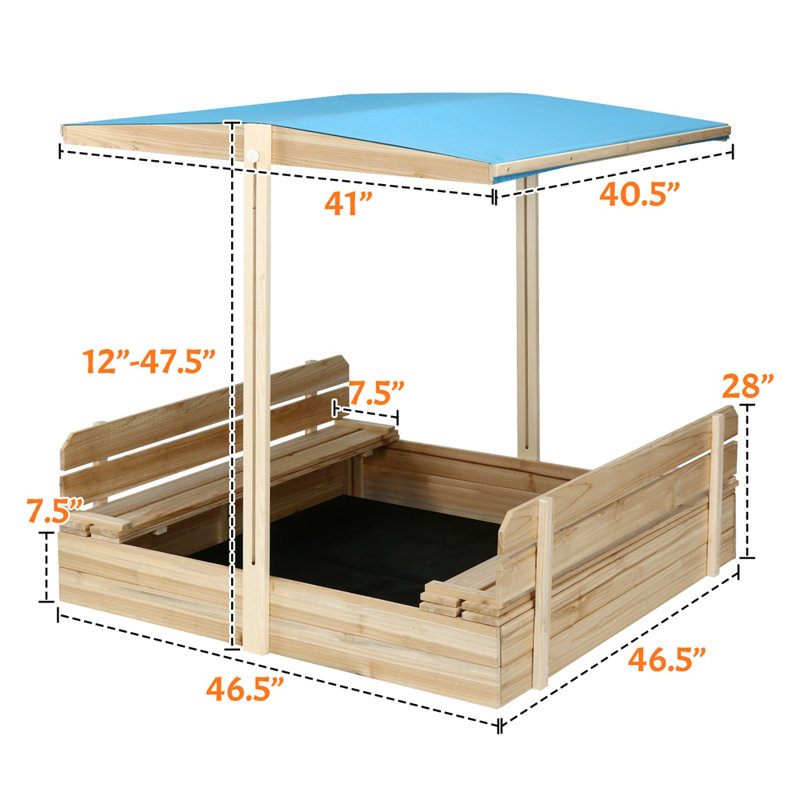 Sandbox With Lid And Cover For Kids With Canopy, Retractable Roof, UV-Resistant Sandbox W/2 Foldable Bench Seats For Backyard, Patio, Outdoor Play