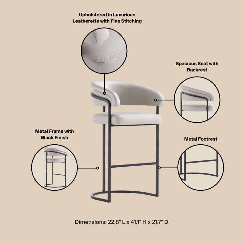 Benfeito Modern Vegan Leather Upholstered Metal Counter Stool in Light Grey, 2, Counter Stool 26.8",  Light Gray