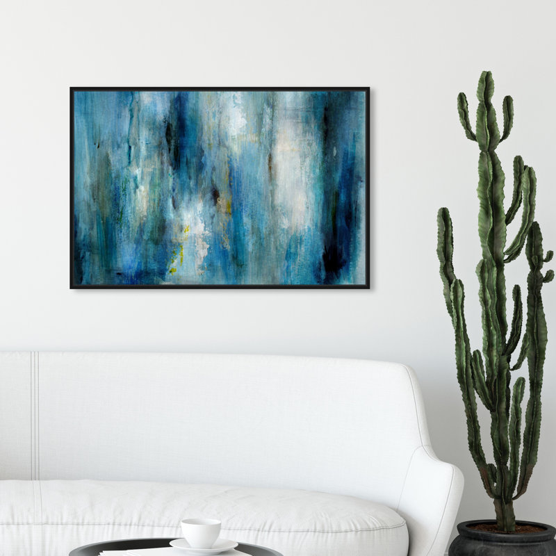 " Abstract Plenty Blue Rain, Modern & Contemporary Blue ", Black Floater Framed, 24" H x 36" W 