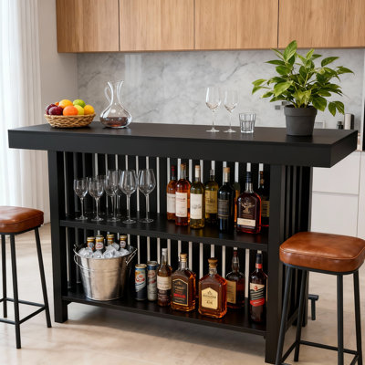 Table de bar 63 po à hauteur de comptoir avec tablettes de rangement à 2 niveaux et repose-pieds, unité de bar de pub moderne pour la cuisine, la salle à manger, le salon, le plateau en relief noir, l'armoire à lattes en chêne noir 3D