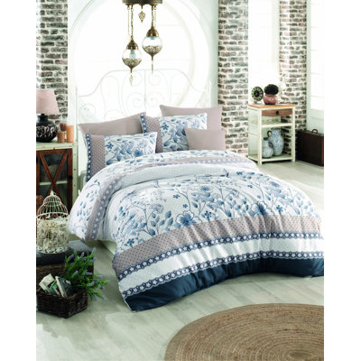 Ensemble de housse de couette Luxury King, 100% coton Ranforce, bleu, blanc et beige, housse de couette 94,5 po x 86,6 po | 2 taies d'oreiller 19,7 po x 31,5 po | 140 fils, lavable à la machine, conception élégante à fermeture à boutons