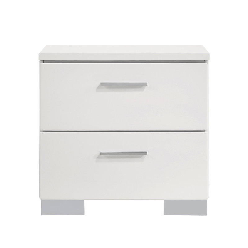 2 table de chevet avec surface blanche brillante - rangement spacieux à l'intérieur des tiroirs doublés de feutre.