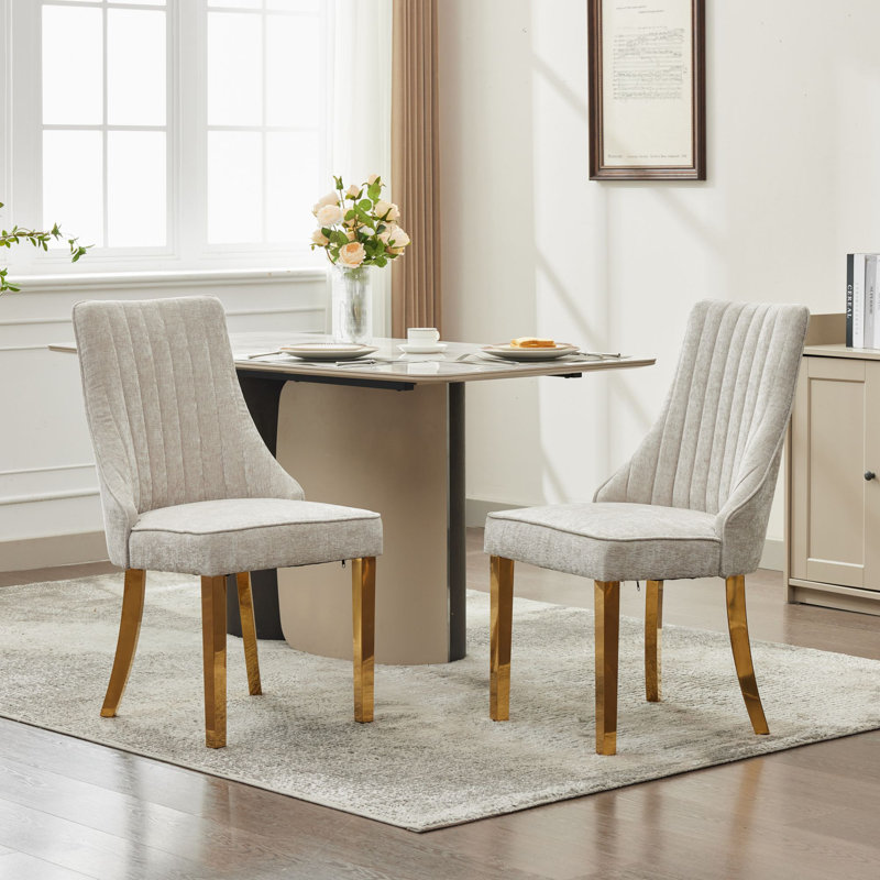 Ensemble de 2 chaises de salle à manger rembourrées avec pieds en acier, Beige, Gold