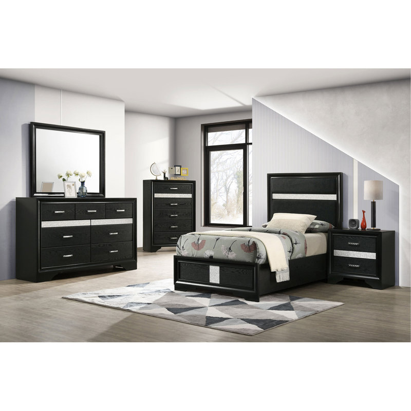 Ensemble de chambre à coucher simple 5 pièces Black, Cinq pièces : Lit, table de chevet, 2 commodes, m