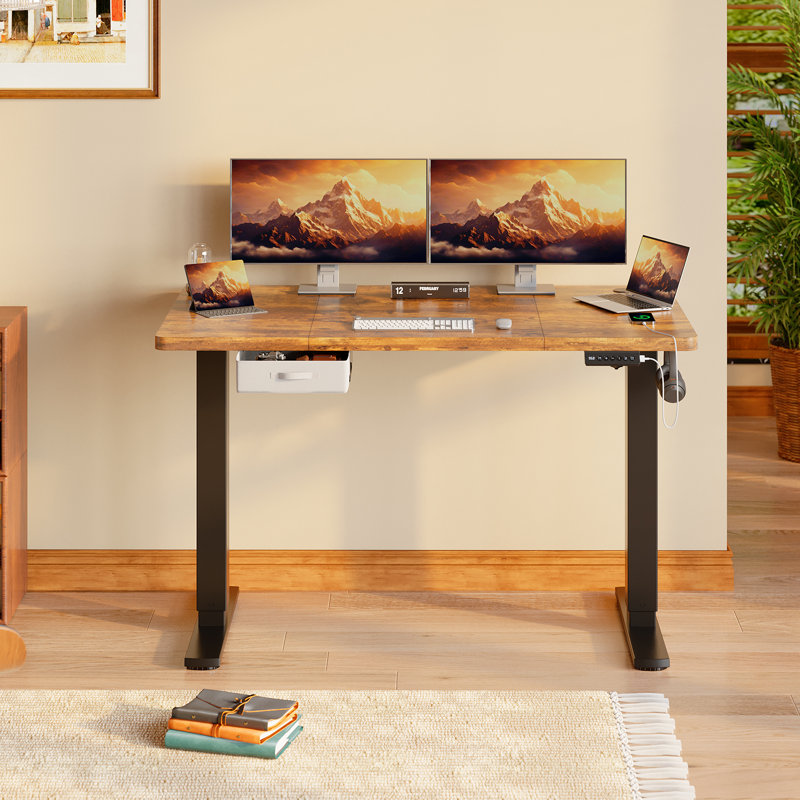 Electric Standing Desk Wide Desktop Height Adjustable Standing Desk With Drawer&Hooks, Brown, Black, 118" H x 140" W x 80" D