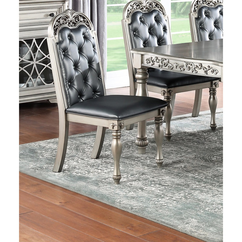 Table de salle à manger 7 pièces avec table rectangulaire et 6 chaises d'appoint, argent / gris, en bois d'hévéa classique