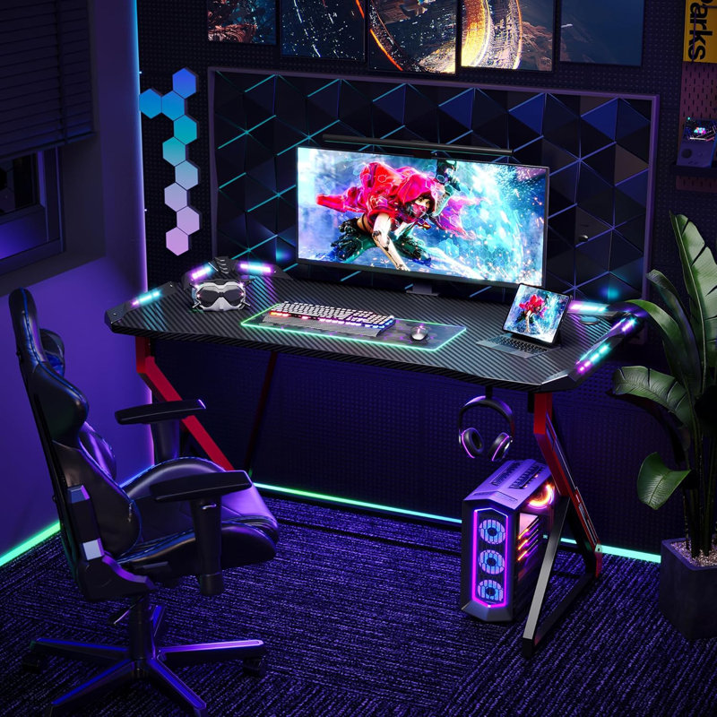 Small Gaming Desk With LED Lights, Computer Desk For Home Small Space, Gaming Table With Carbon Fibre Surface, PC Gamer Desk For Kids