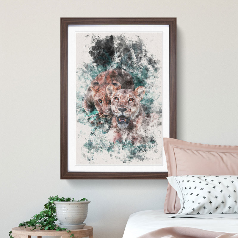 Lioness Duo - Picture Frame Painting Print, 33cm H x 24cm W x 2cm D, Walnut Framed