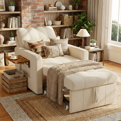 3-In-1 Chenille Convertible Sleeper Chair Bed With Side Table,  5-Position Adjustable Armchair With Storage Pocket