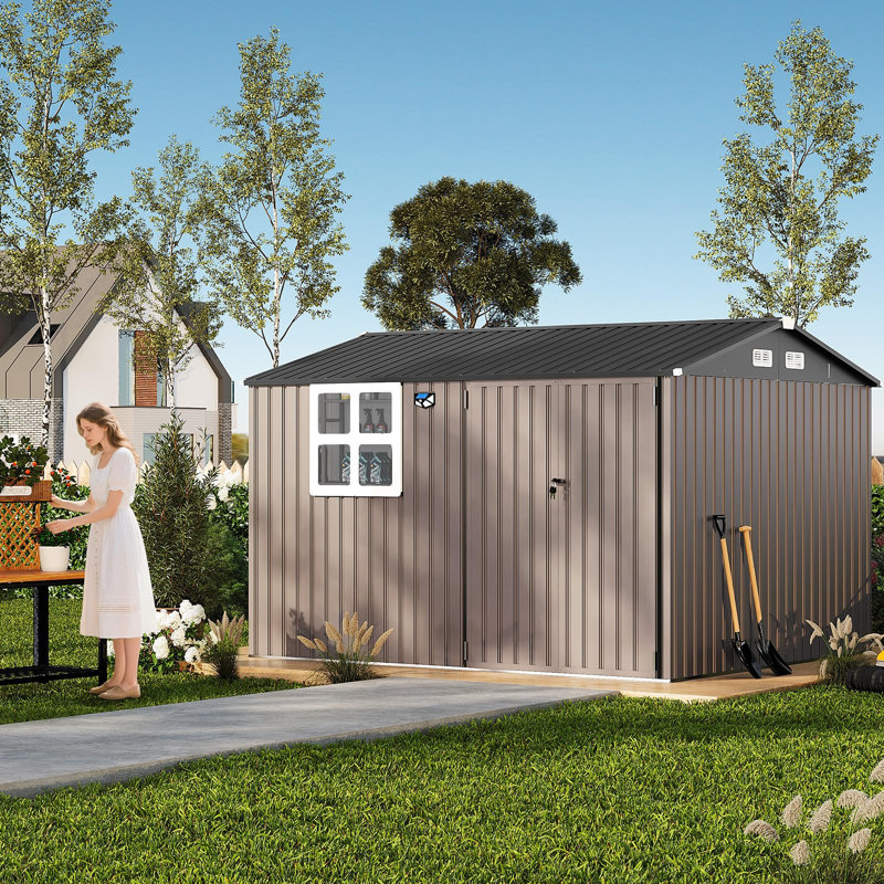 Remise de rangement en acier galvanisé 10 x 8 pi avec fenêtres, lumière DEL solaire et portes verrouillables pour l'équipement de jardin