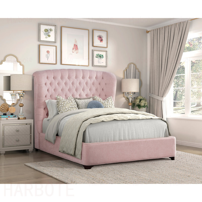 Magnifique lit double en tissu d'ameublement en chenille capitonné capitonné
