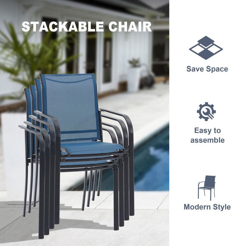 Blue Ergonomic Steel Patio Dining Armchairs Set