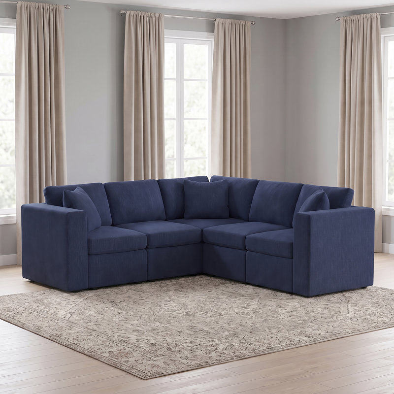 Lockheart 5 Piece L Shaped Square Arm Modular Upholstered Corner Sectional  Blue, Blue Polyester