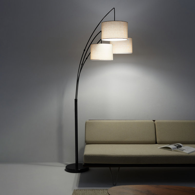 Trilage 84" Modern LED Floor Lamp with 3 Adjustable Arms, Tan Fabric Drum Shade, Black Marble Base, Bulbs Included, Black
